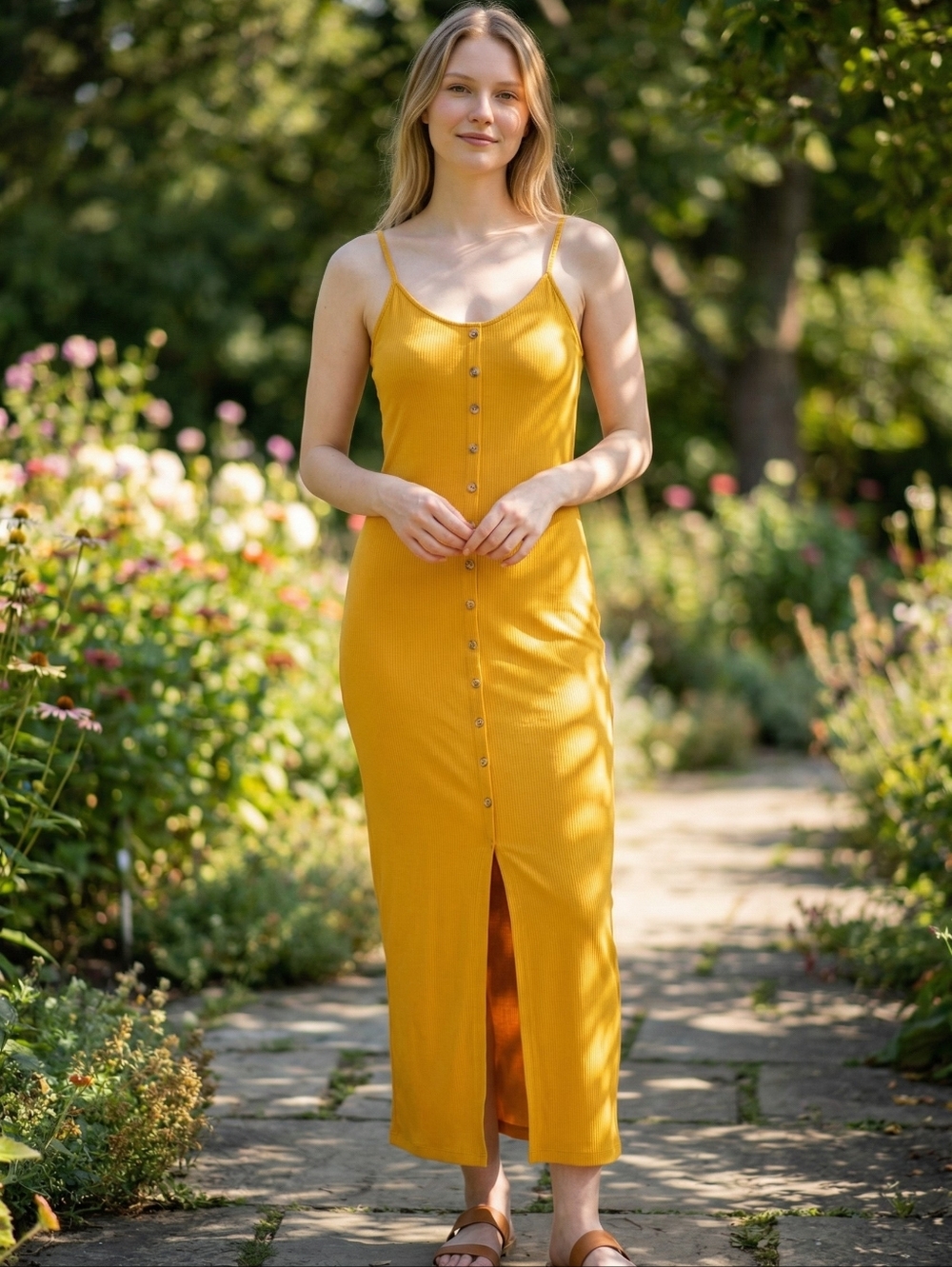 Mudd Mustard Ribbed Bodycon Midi Dress Large Sexy Button Front!